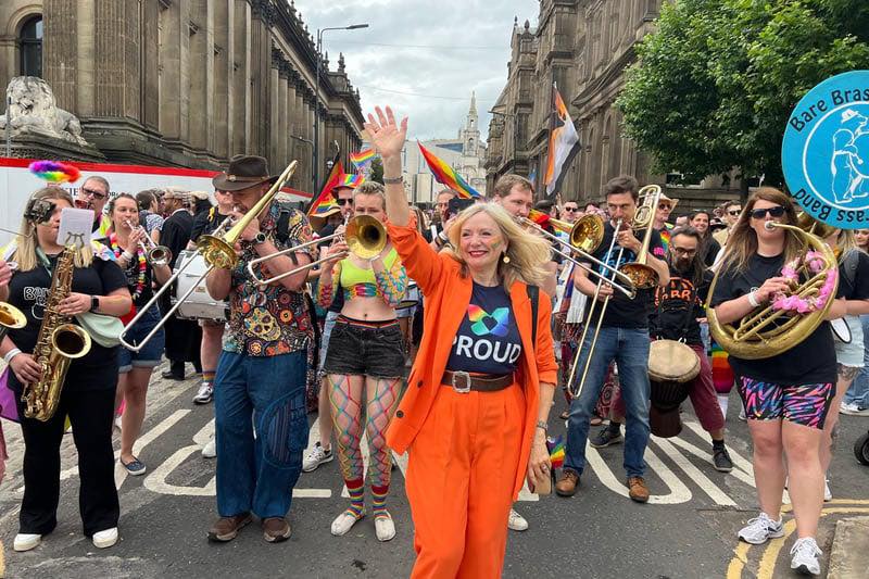 Bare Brass Band playing at Leeds Pride 2024.